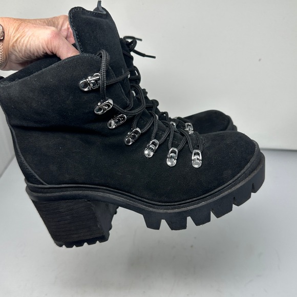 Jeffrey Campbell Black Suede Golan Leather Lug Heel Ankle Boots Womens 9.5M FLAW - Picture 3 of 15